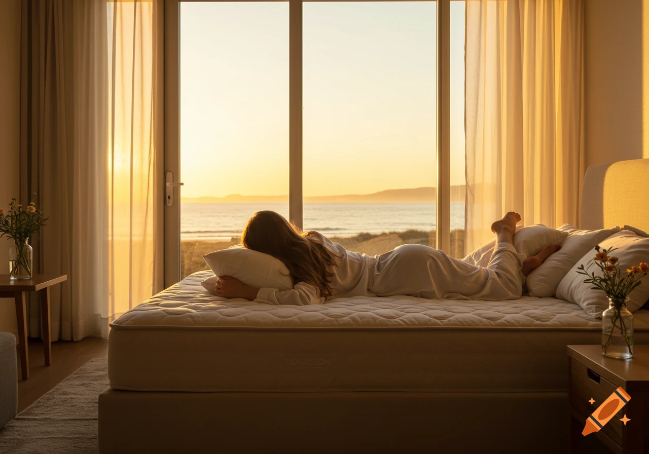 Woman in pajamas lying on a bed overlooking a beach at sunset, bathed in golden light.