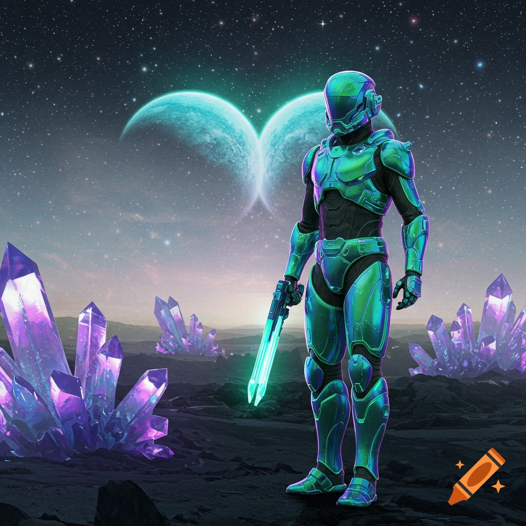 An iridescent green armored sci-fi soldier stands on an alien planet with large glowing purple crystals, under a starry sky with two moons.