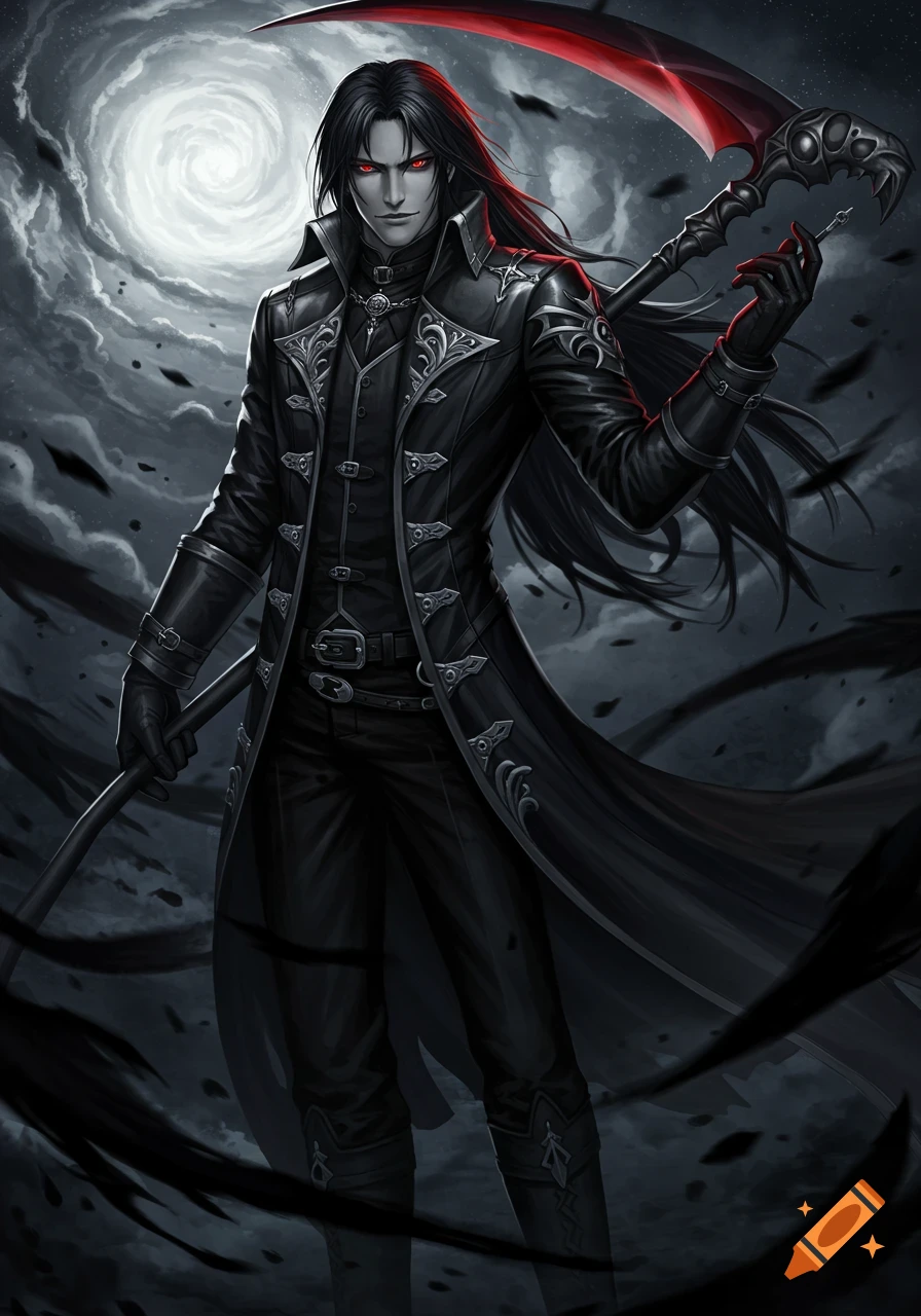 Anime style illustration of a dark-haired man with red eyes in a long black coat, holding a scythe under a swirling moon.