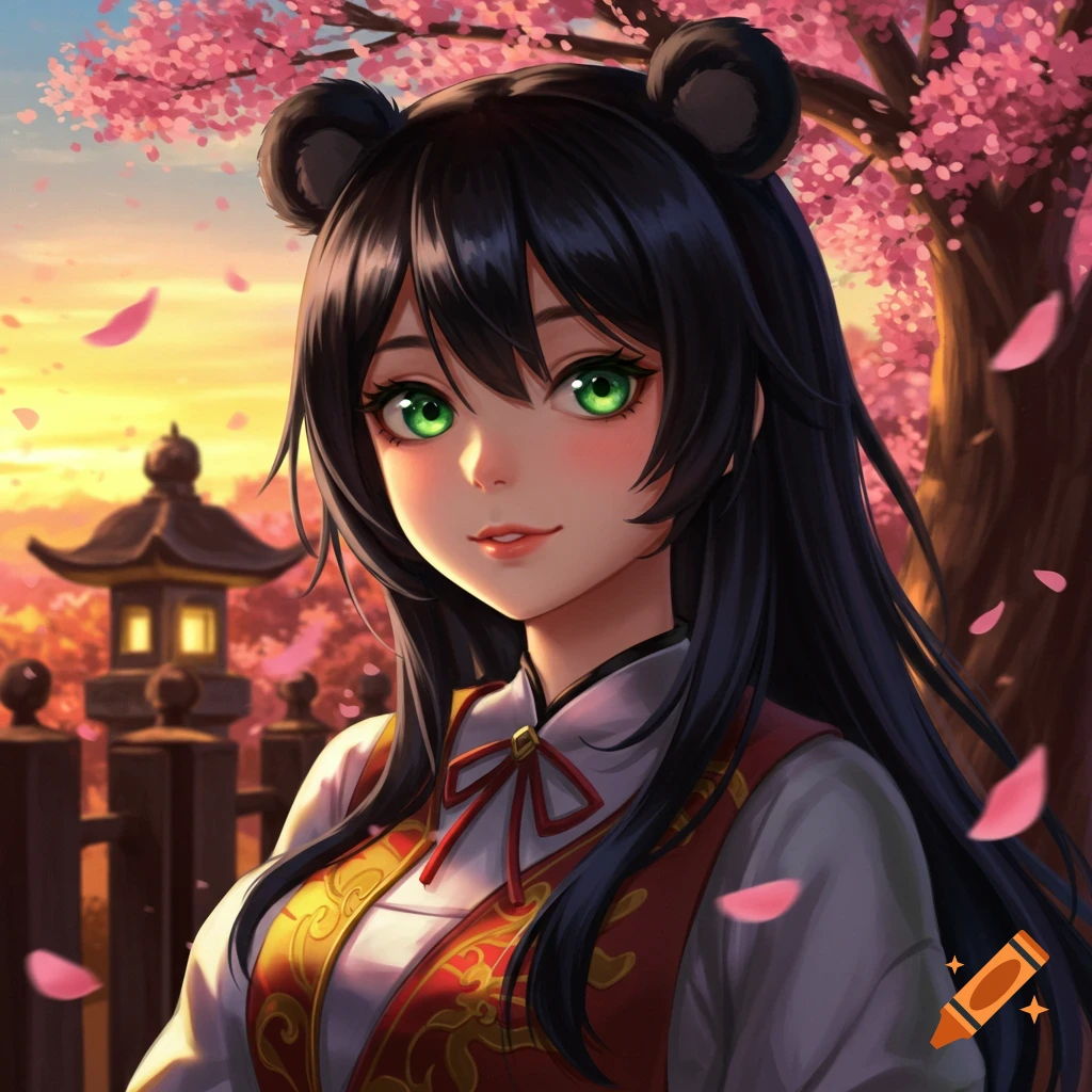 Anime girl with bear ears, black hair, green eyes, in a traditional outfit, with cherry blossoms and a Japanese lantern at sunset.
