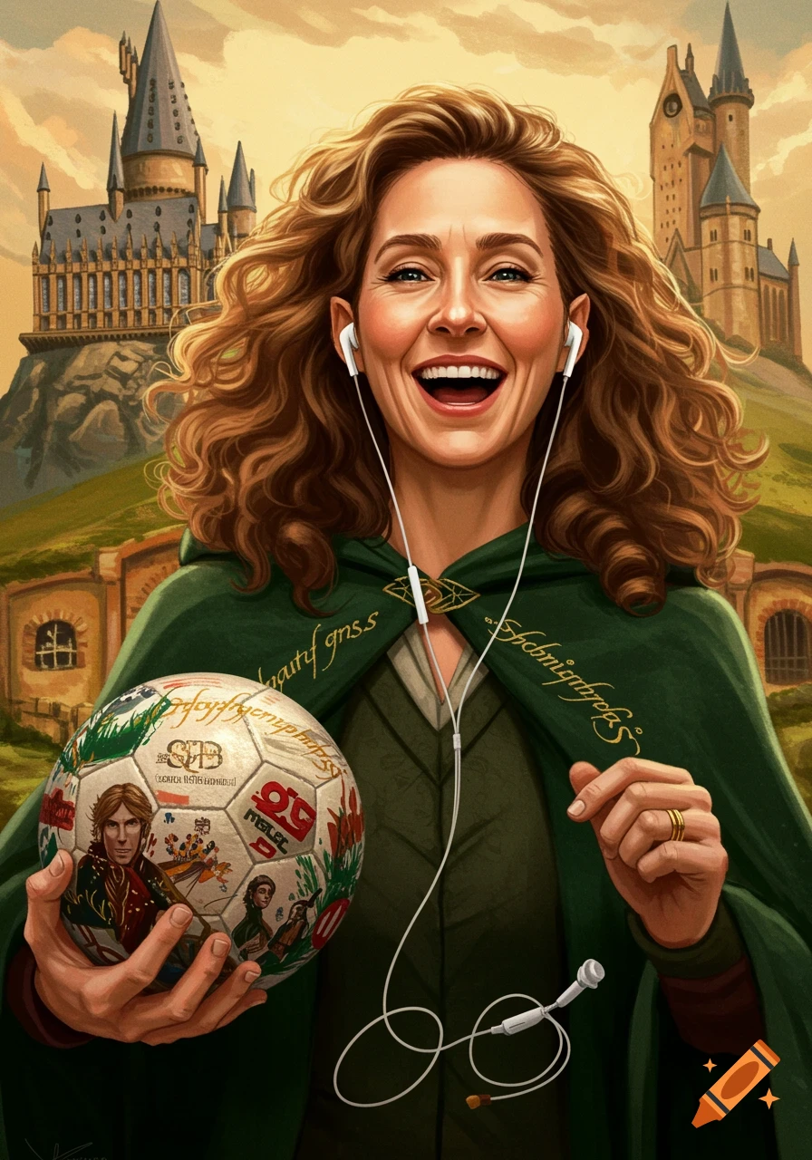 A smiling woman with curly brown hair, wearing a green cloak and earbuds, holds a soccer ball. Hogwarts and Hobbiton-like structures are in the background. Art style is detailed illustration.
