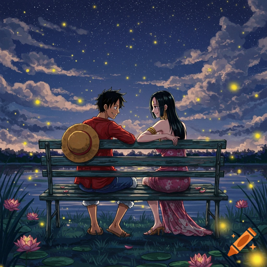 Anime characters Luffy and Hancock sit on a bench by a lake at night, under a star-filled sky with fireflies.