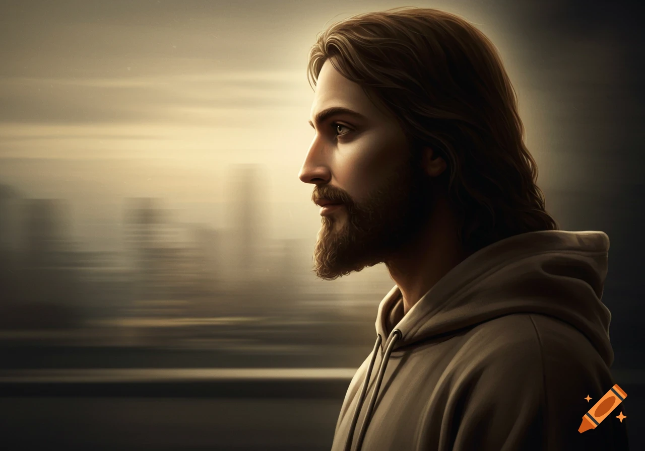 Side profile of a man resembling Jesus with long hair and a beard, wearing a hoodie, against a blurred, golden city background.