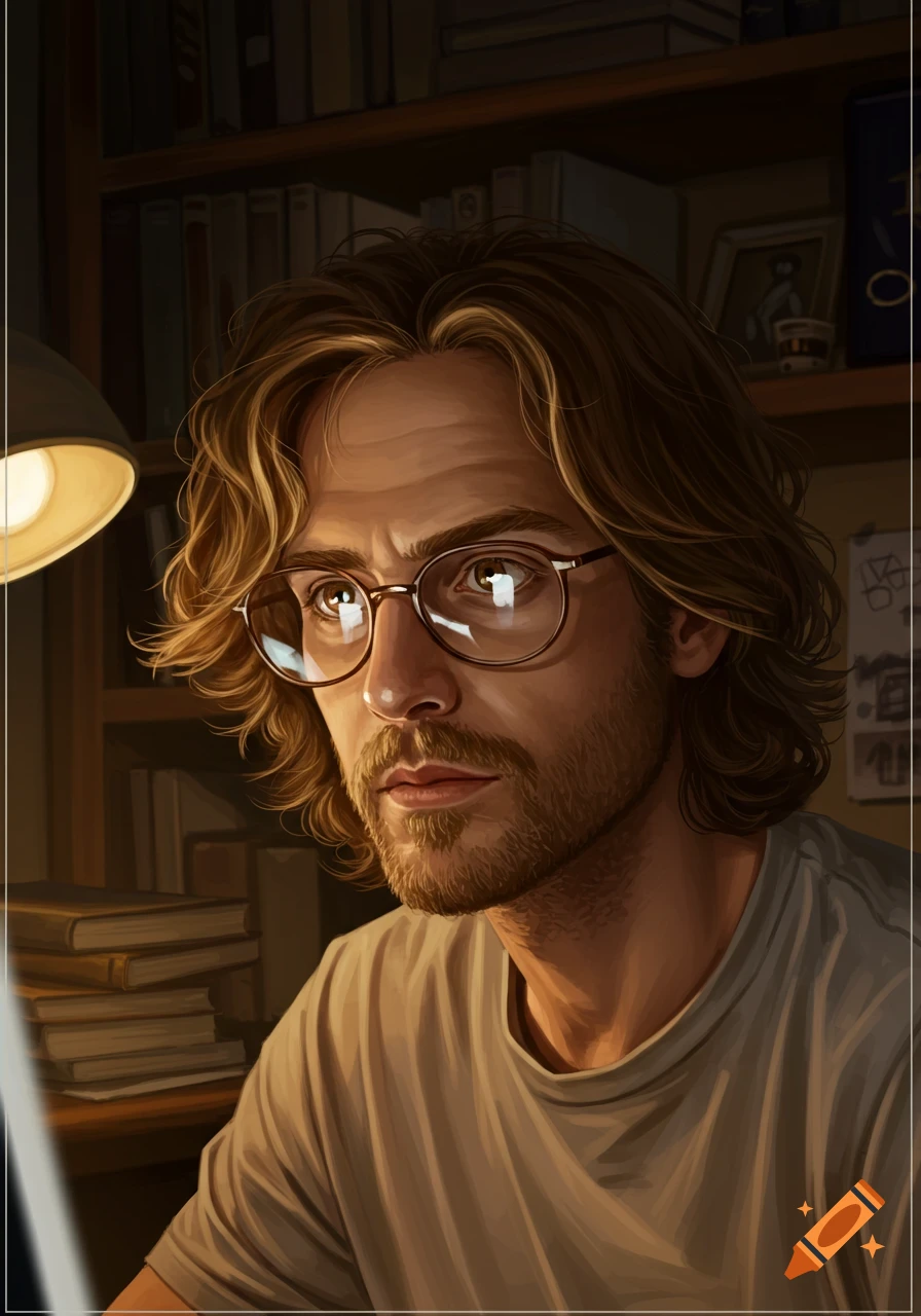 Illustrated portrait of a man with long wavy hair, beard, and glasses, illuminated by a desk lamp in a room with bookshelves.