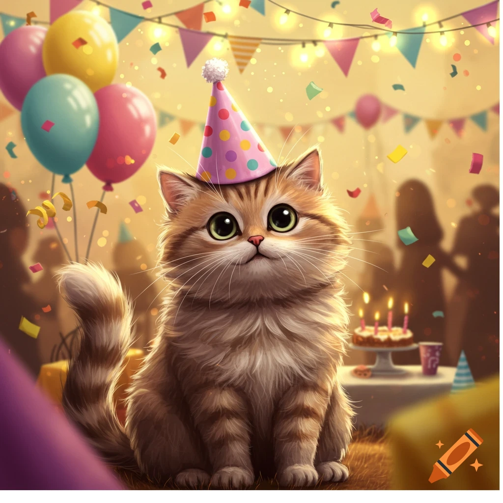 A fluffy, striped cat in a pink polka-dot birthday hat sits at a party with balloons, confetti, and a cake.