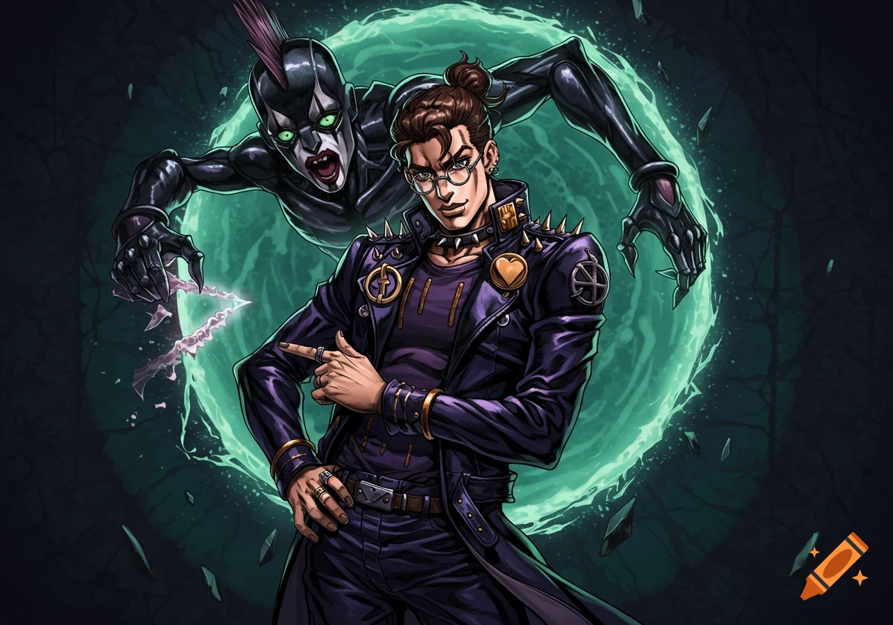 An anime-style character in a purple leather jacket and glasses with a menacing, black, clown-faced stand behind him.