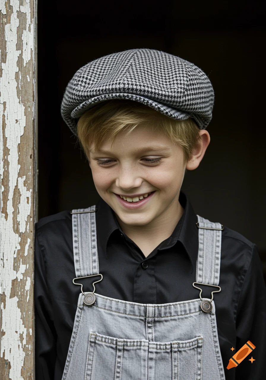 Smiling boy in a houndstooth cap and denim overalls stands by a weathered doorframe, looking down.