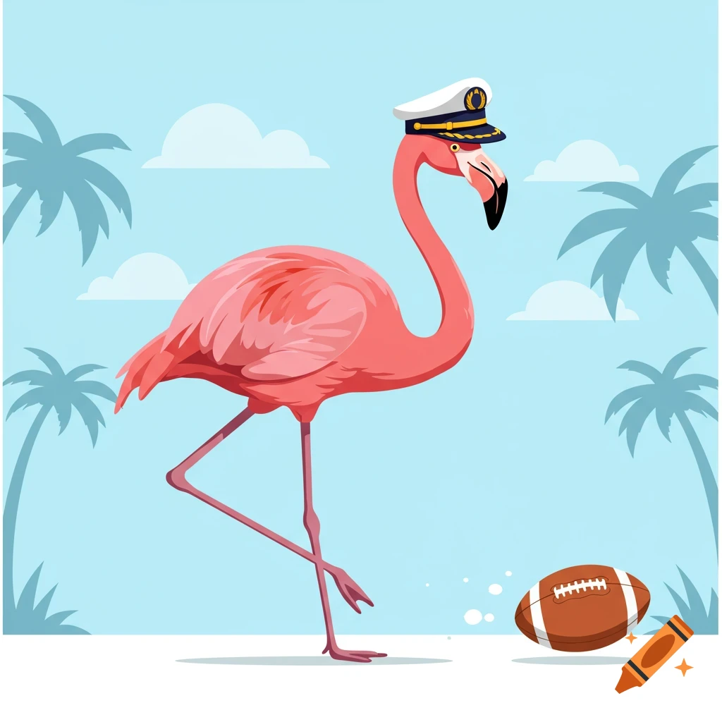 Cartoon pink flamingo in a captain's hat standing next to a football, with palm trees in a blue sky background.