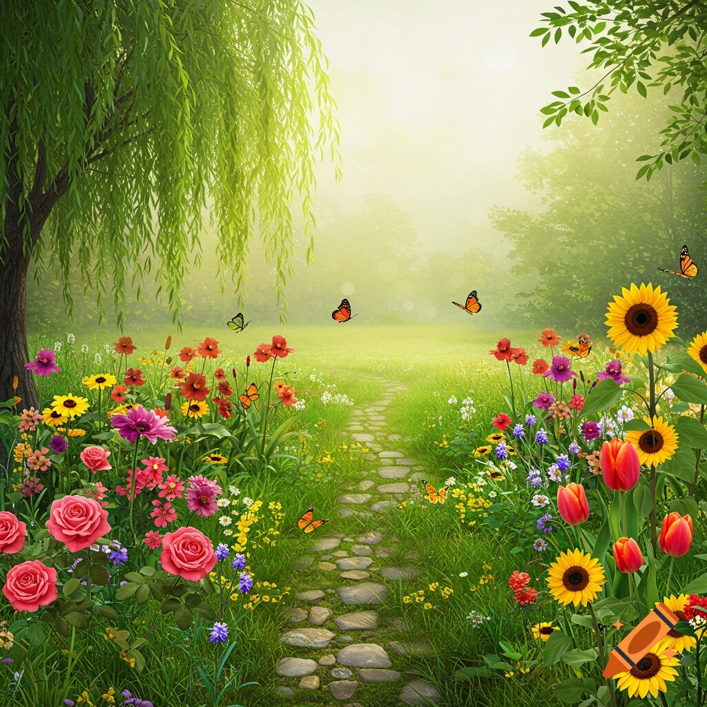 Vibrant, sunlit garden with a stone path winding through colorful flowers, green grass, a weeping willow tree, and butterflies.