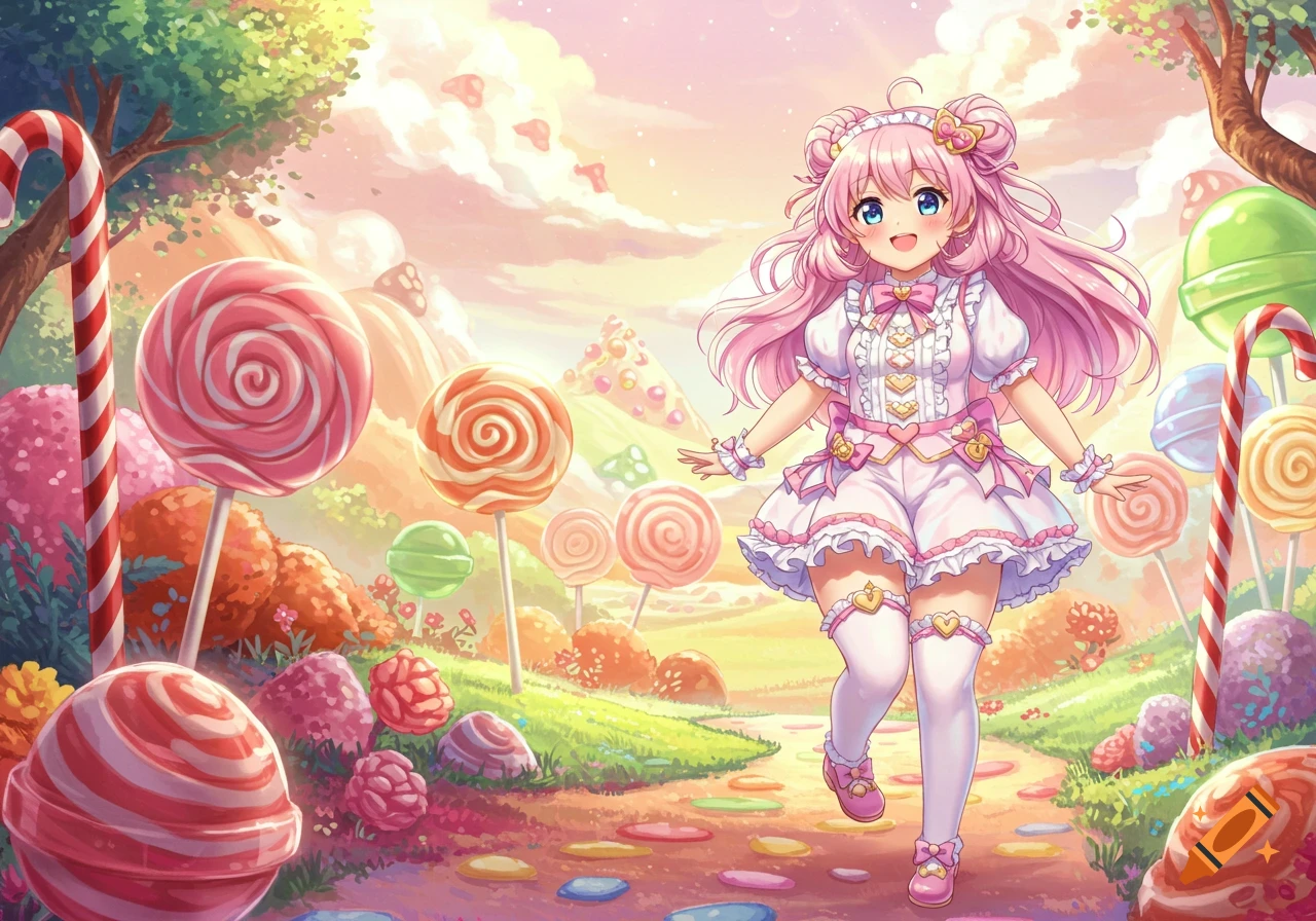 Anime girl with pink hair and a white dress smiles while walking through a colorful candy land filled with giant lollipops and candy canes.