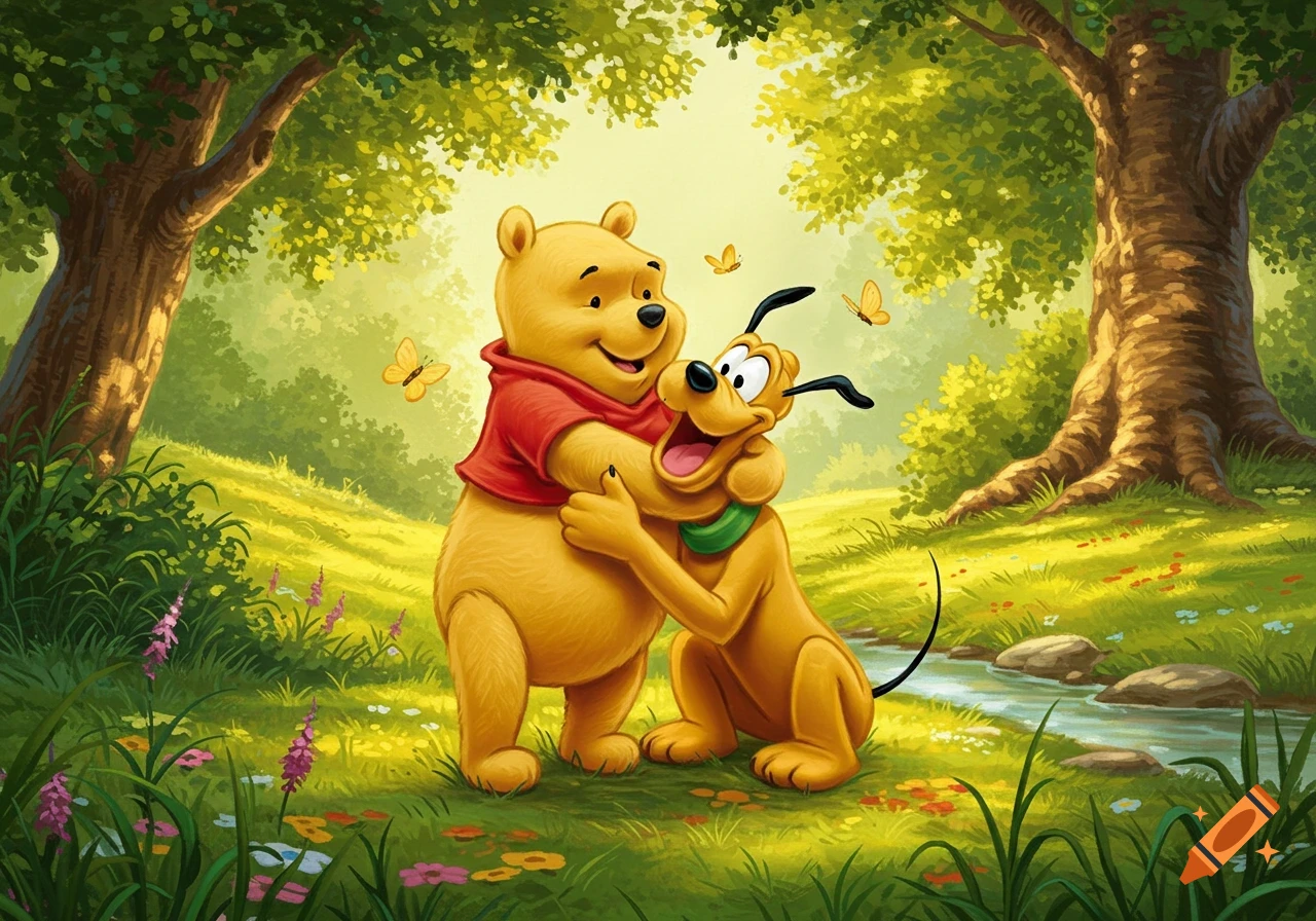 Winnie the Pooh and Pluto hugging happily in a sunlit, green forest with butterflies flying around.