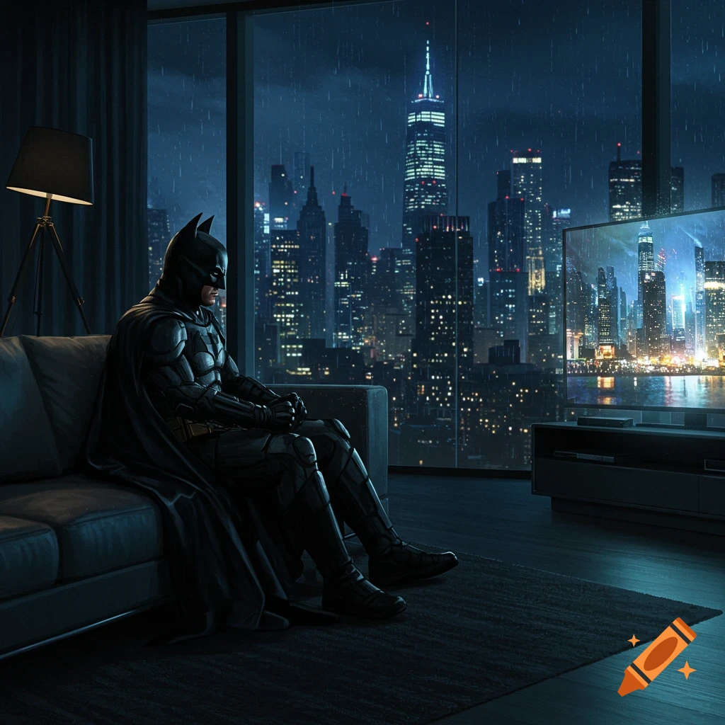 Batman sits on a couch, gazing out at a rainy, illuminated city skyline from a high-rise apartment at night, a TV reflecting the view.
