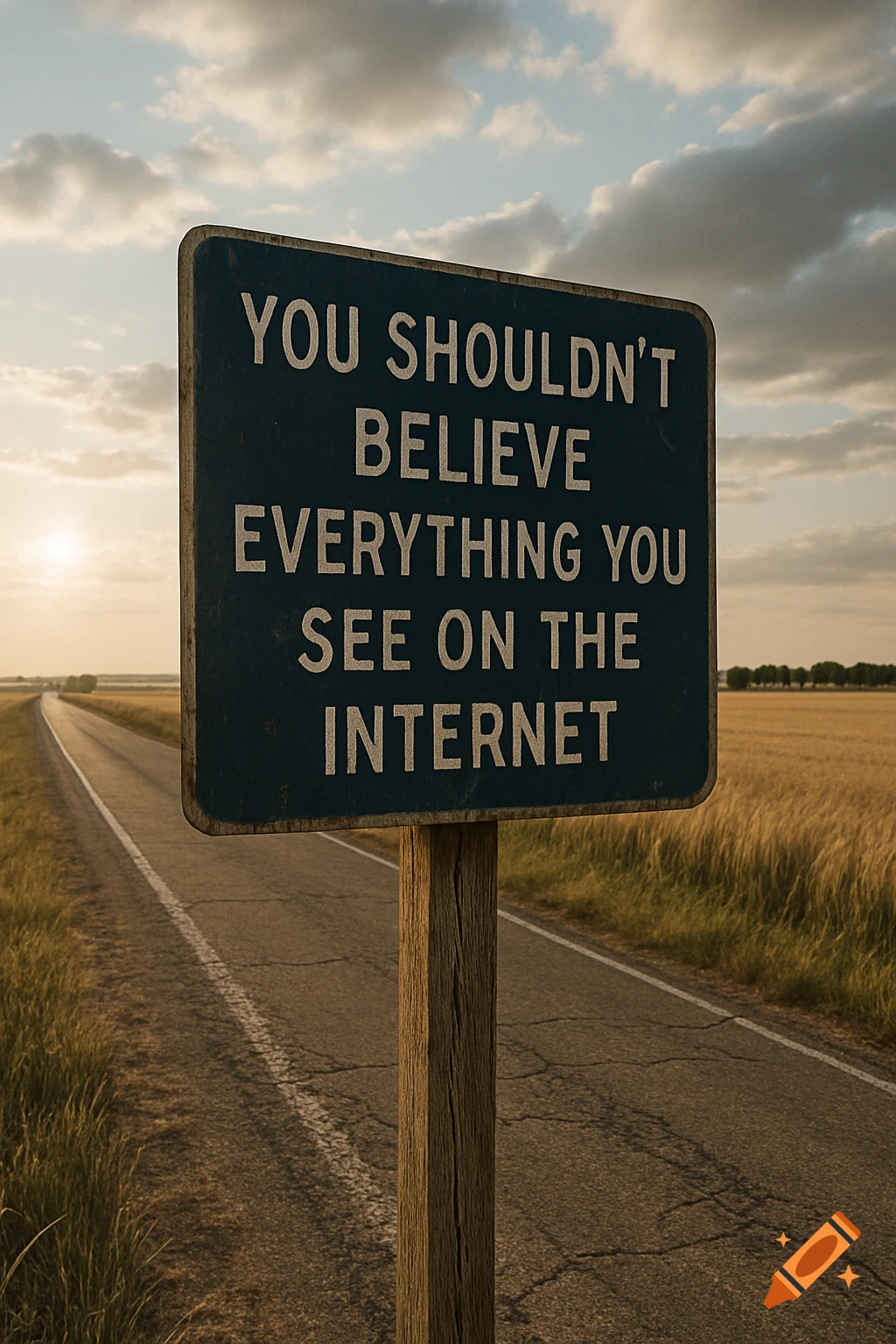 A blue sign on a wooden post on a rural road at sunset reads 'You shouldn't believe everything you see on the internet'.