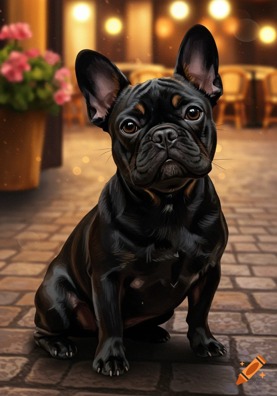 A cute black French Bulldog with small brown eyebrows sits on a cobblestone path in front of a blurry, warm-lit cafe.