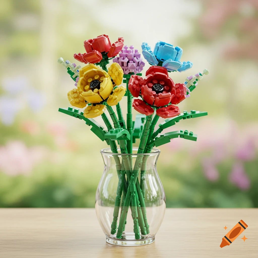 A photorealistic bouquet of colorful LEGO flowers in a clear glass vase on a wooden table with a blurred background.