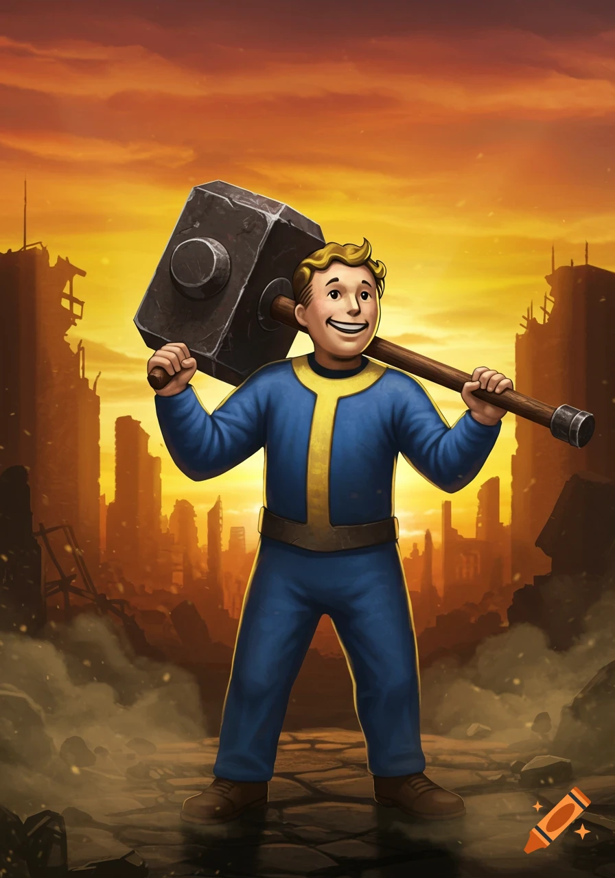 Cartoon Vault Boy with a super sledgehammer stands in a ruined city under an orange sky.