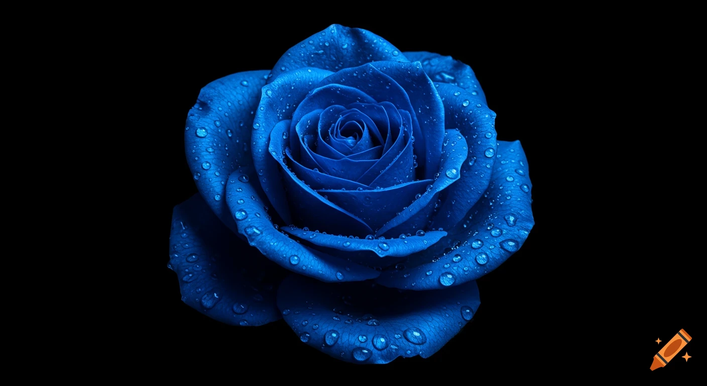 A vibrant blue rose with numerous water droplets on its petals, set against a deep black background.