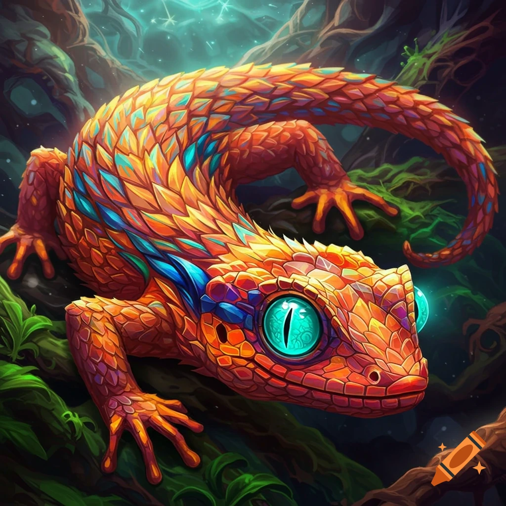 A vibrant, stylized reptile with orange, blue, and yellow scales and glowing teal eyes, perched on a branch in a dark jungle.