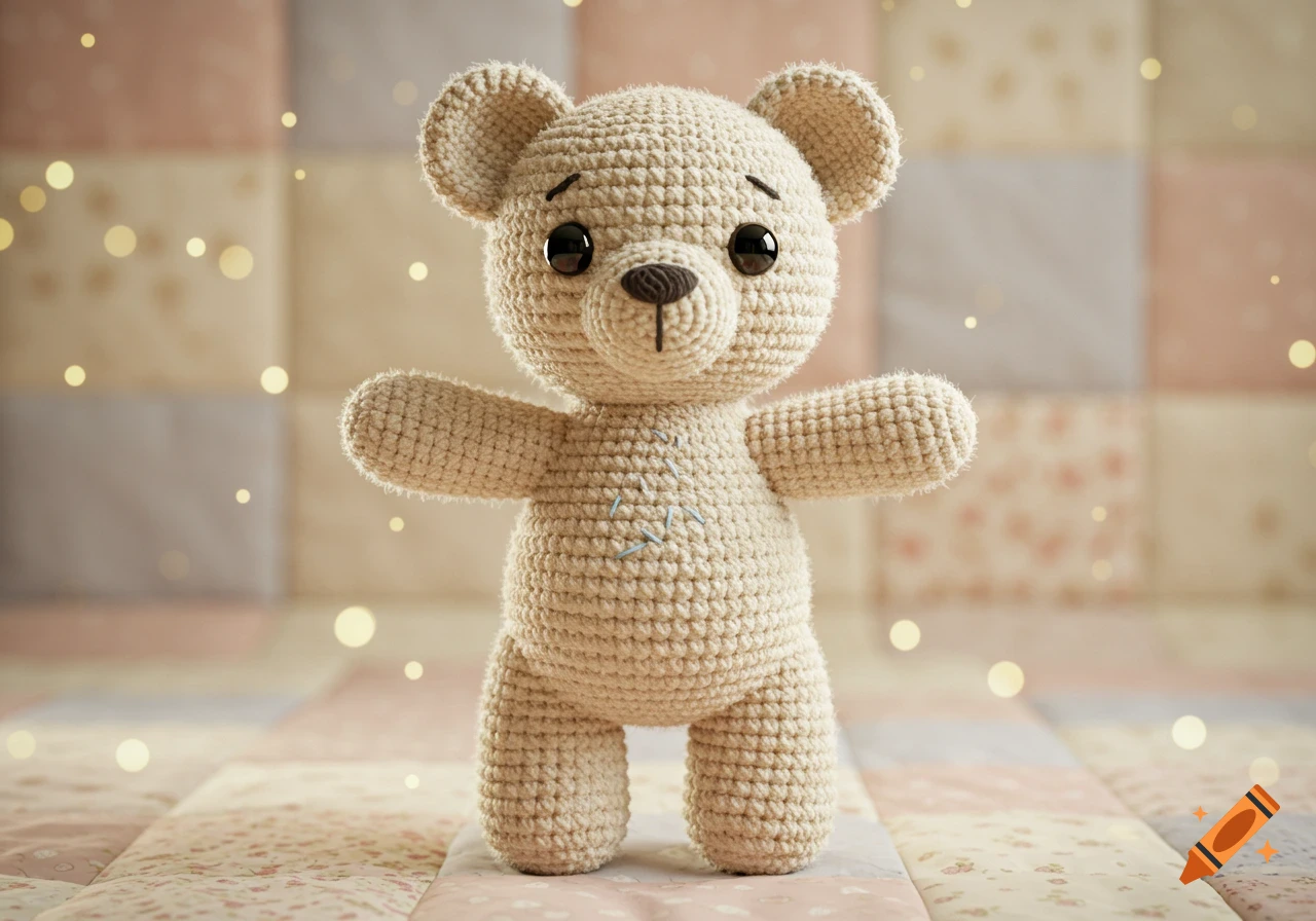 A beige crochet teddy bear plushie stands on a pastel quilted surface with glowing bokeh lights.