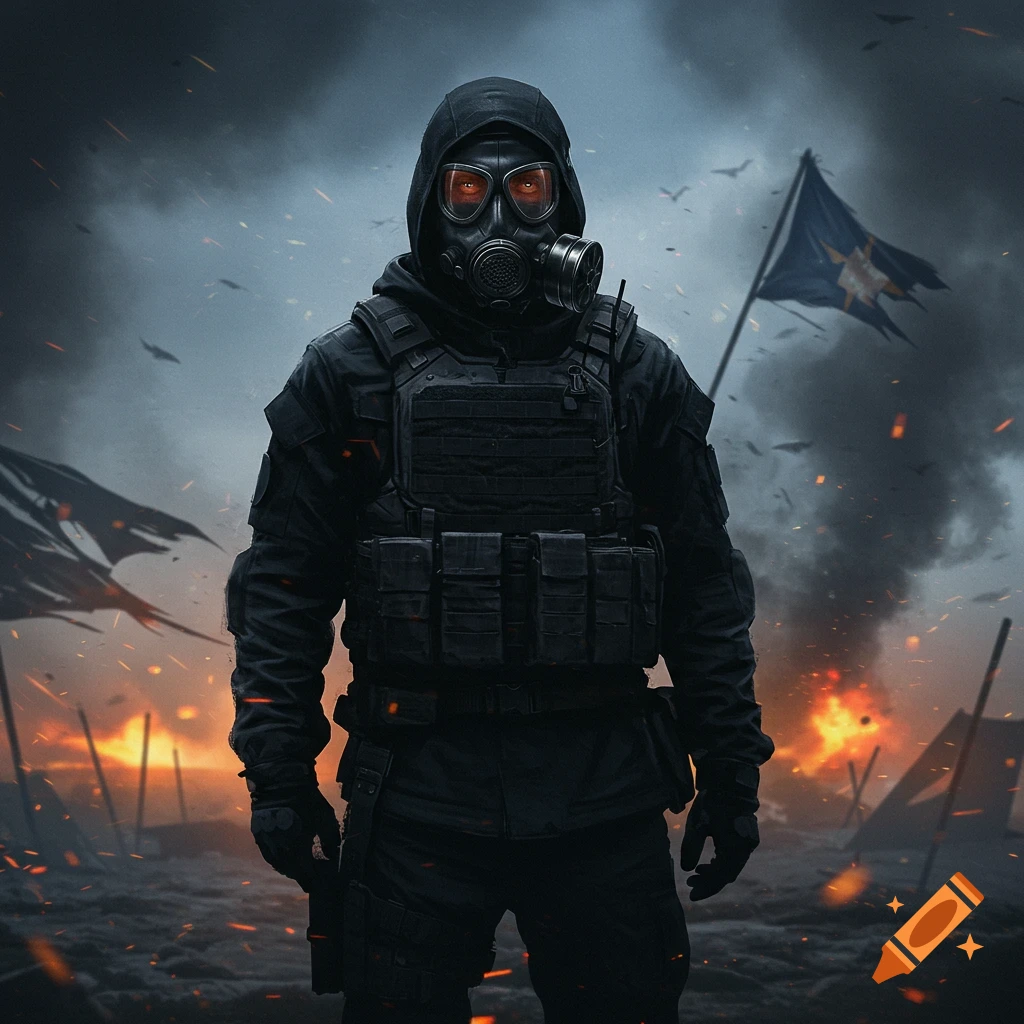 A soldier in a black uniform, gas mask with glowing orange eyes, and tactical vest stands in a smoky, fiery battlefield with tattered flags.