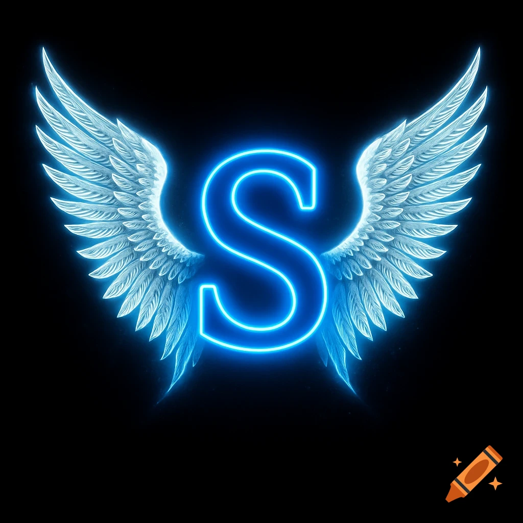 A bright blue neon letter 'S' with glowing white and light blue angel wings on a black background.