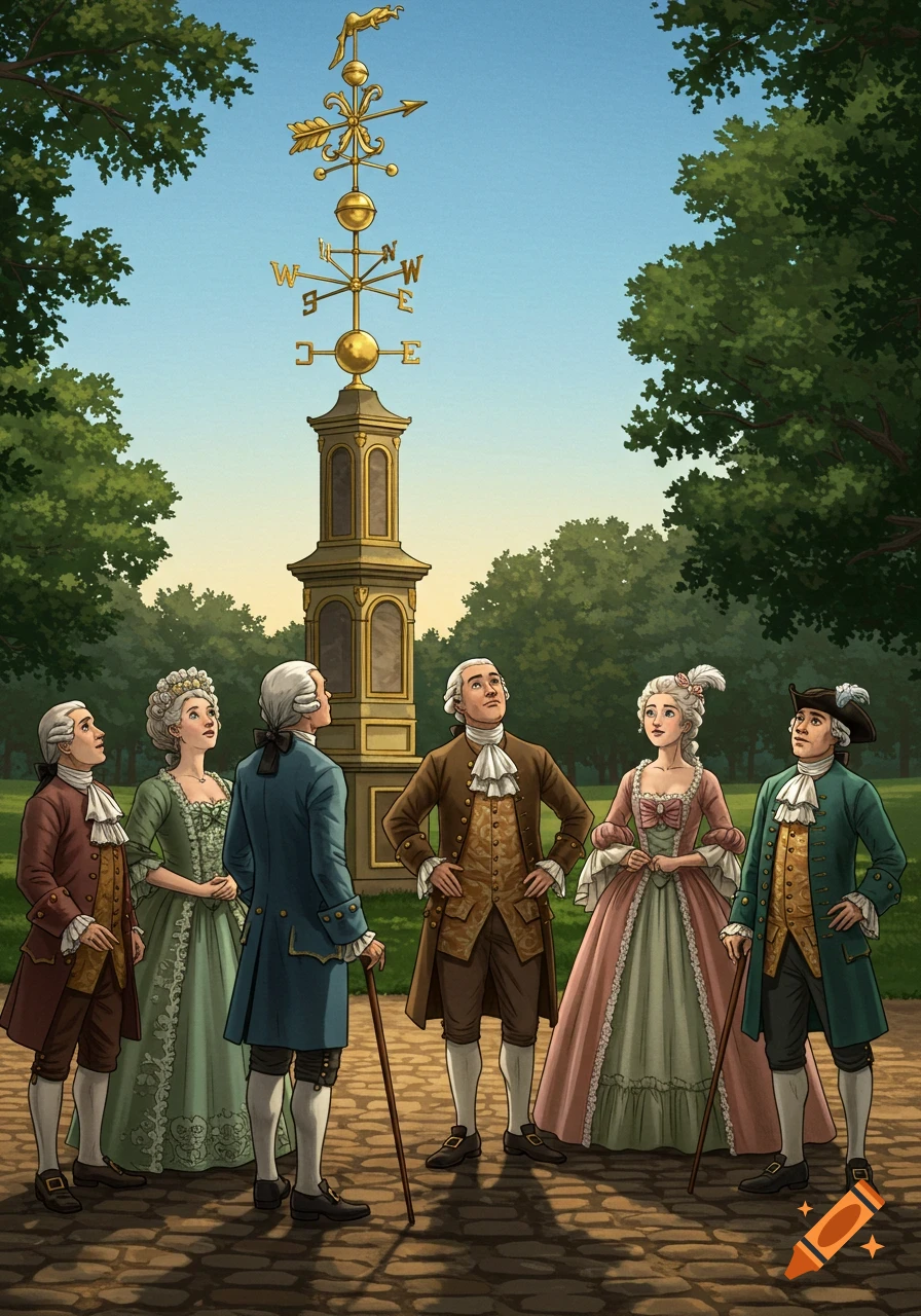 Six people in 18th-century Baroque attire gaze up at a tall golden weathervane in a sunny park setting.
