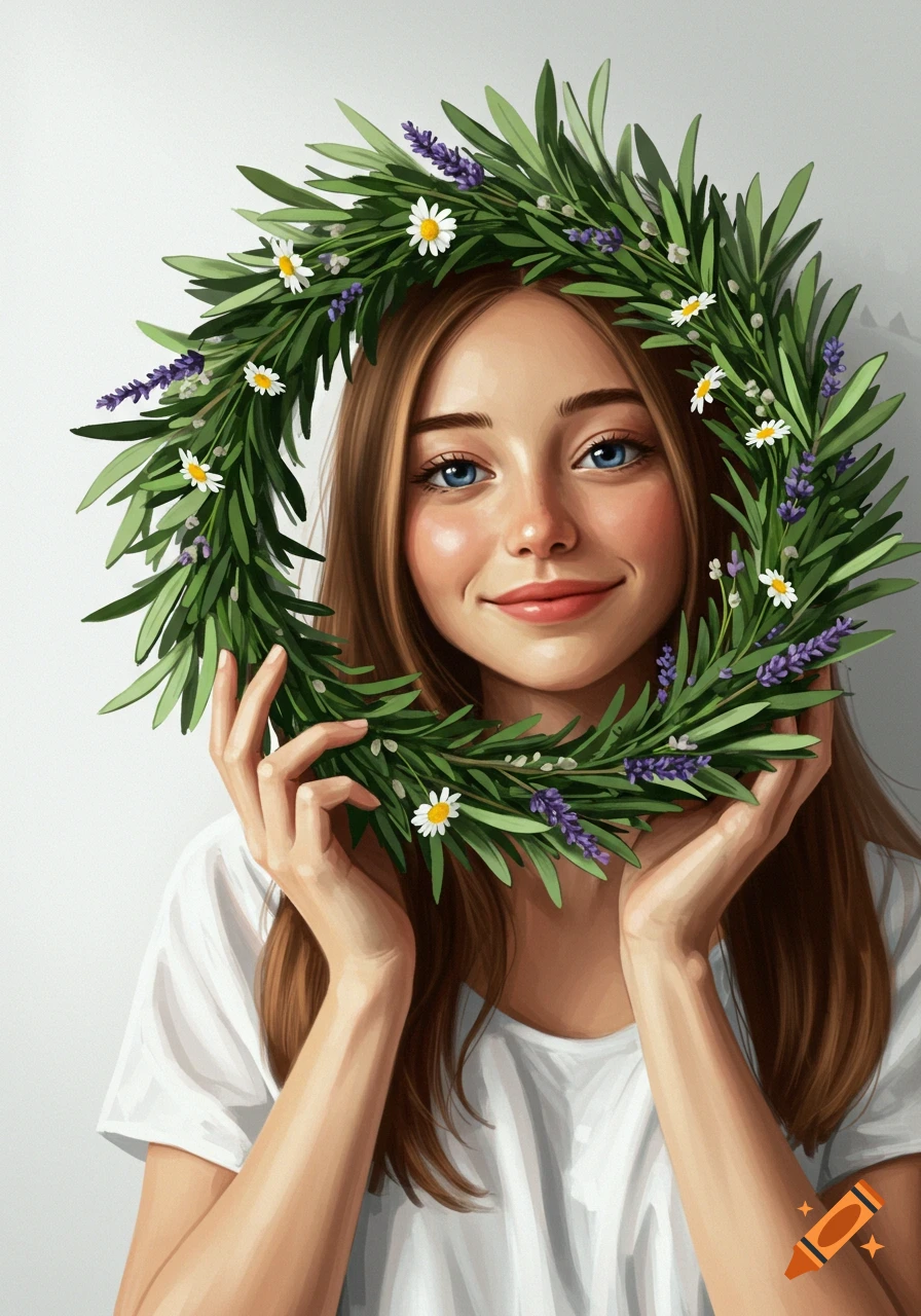 Smiling woman with long brown hair holding a wreath of green leaves, white daisies, and lavender around her face. Illustration.