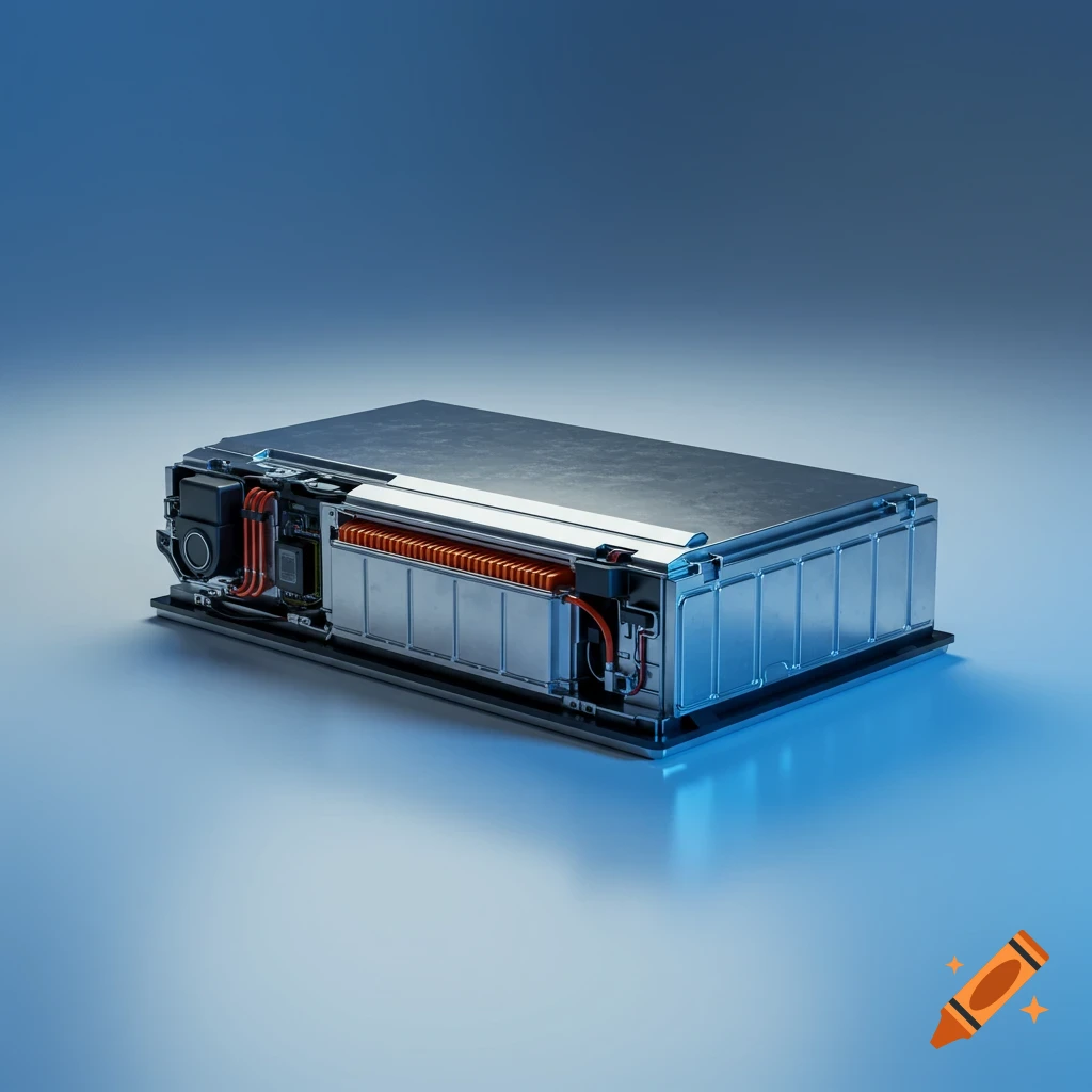 A photorealistic render of an electric vehicle battery pack, partially disassembled to show internal cells and orange wiring, on a blue gradient background.