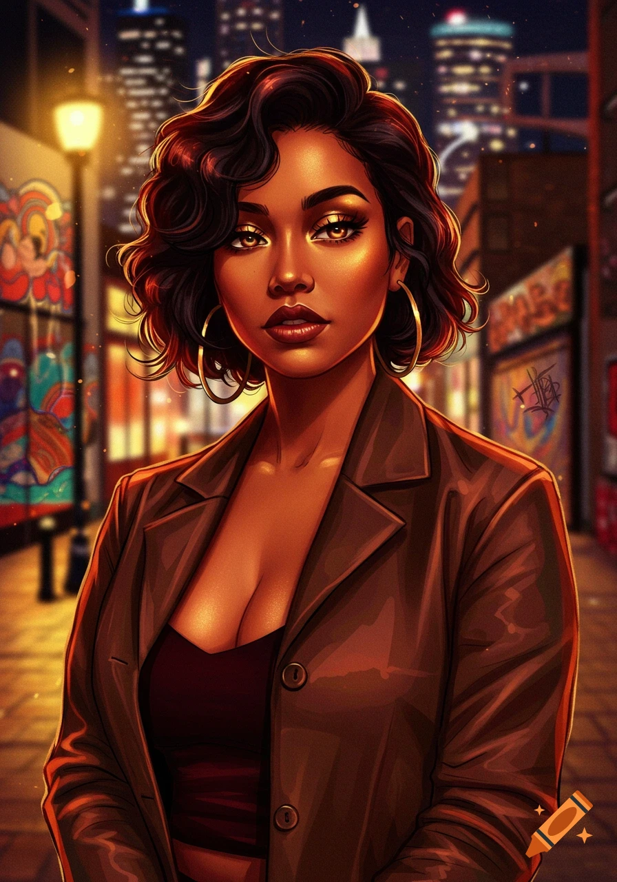 Vibrant digital art portrait of a woman with short dark hair and gold eye makeup in a glowing city alley at night.