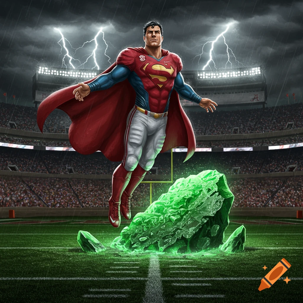 Superman in a football uniform floats above glowing green kryptonite on a storm-lit football field with a stadium in the background.