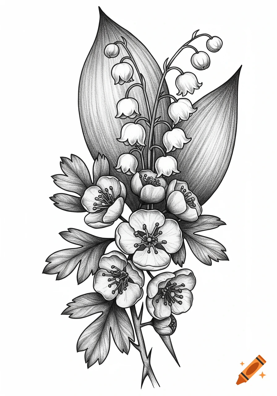Highly detailed black and white pencil drawing of a bouquet featuring lily of the valley and hawthorn flowers.