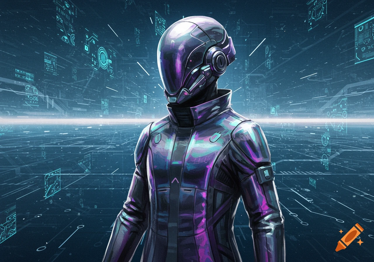 A futuristic figure in a glossy metallic and purple suit with a helmet and glowing visor, standing in a digital, holographic environment.