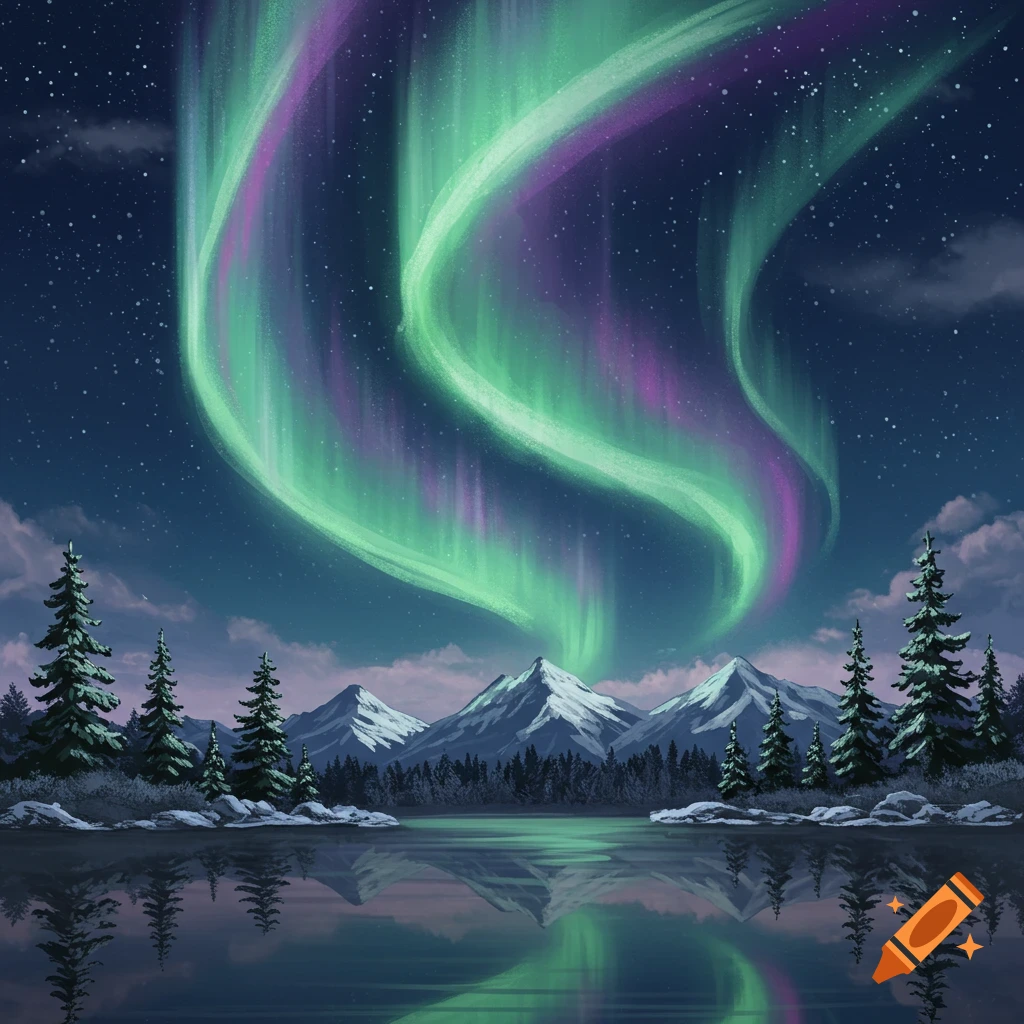Vibrant green and purple aurora borealis over snowy mountains, pine trees, and a reflective lake at night, in a painterly style.