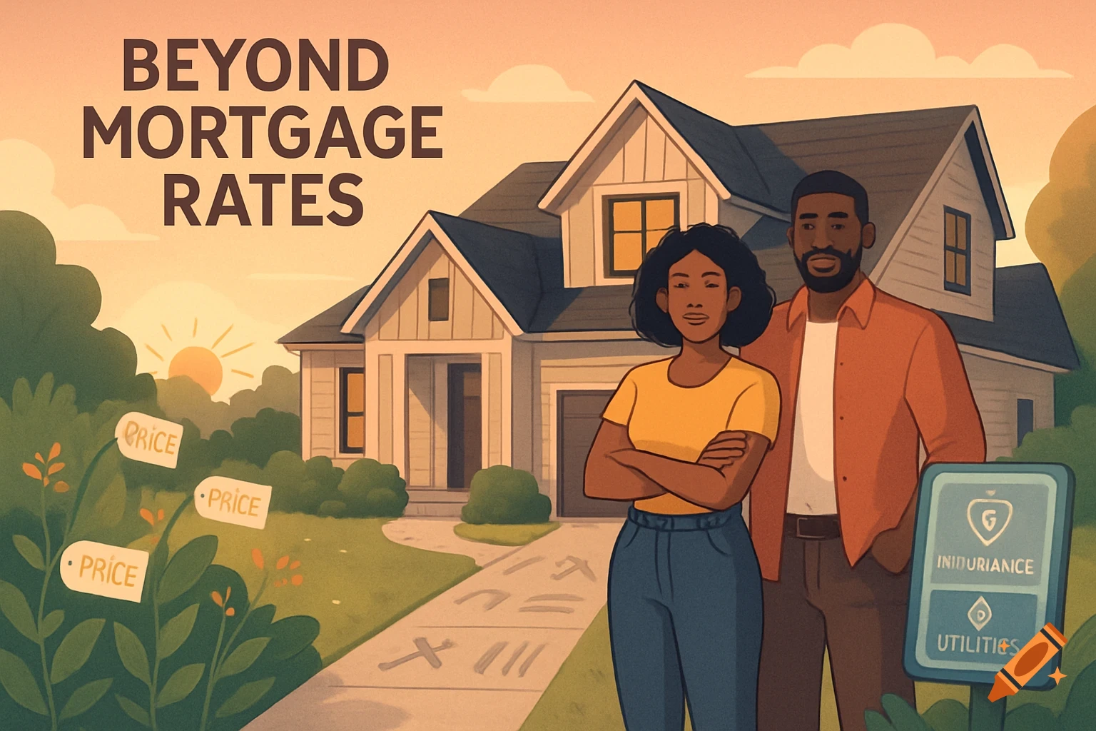 An illustration of a diverse couple standing in front of a suburban house at sunset, with text "BEYOND MORTGAGE RATES".