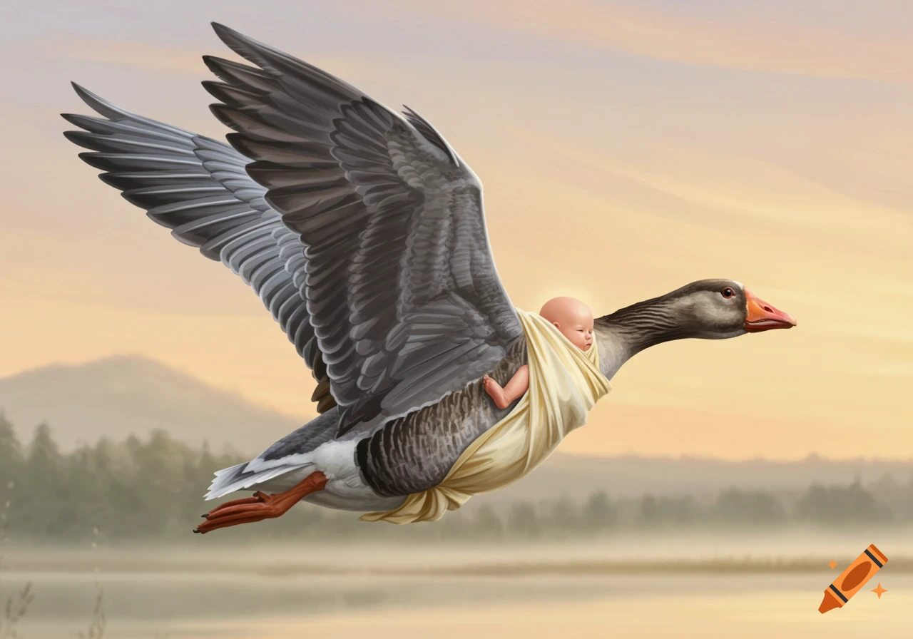 A gray goose flies carrying a baby wrapped in a yellow cloth over a misty landscape at sunset.