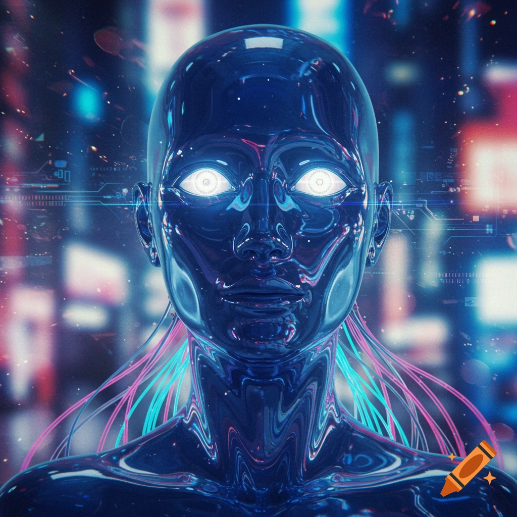 Close-up of a metallic blue robotic bust with glowing white eyes and neon wires against a futuristic, blurred digital background.