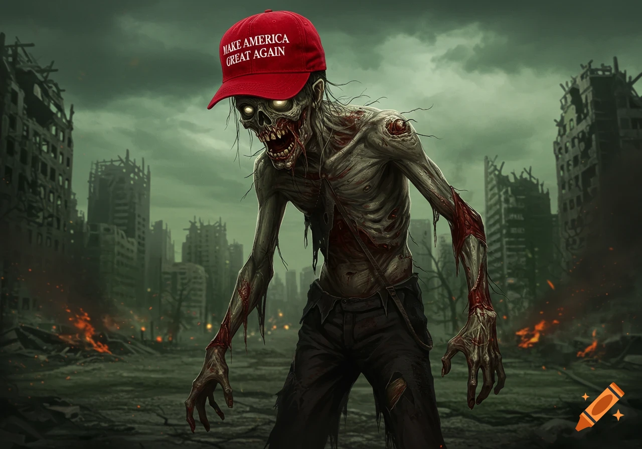 A grotesque zombie wearing a red 'MAKE AMERICA GREAT AGAIN' hat stands in a ruined, post-apocalyptic city with fires burning.