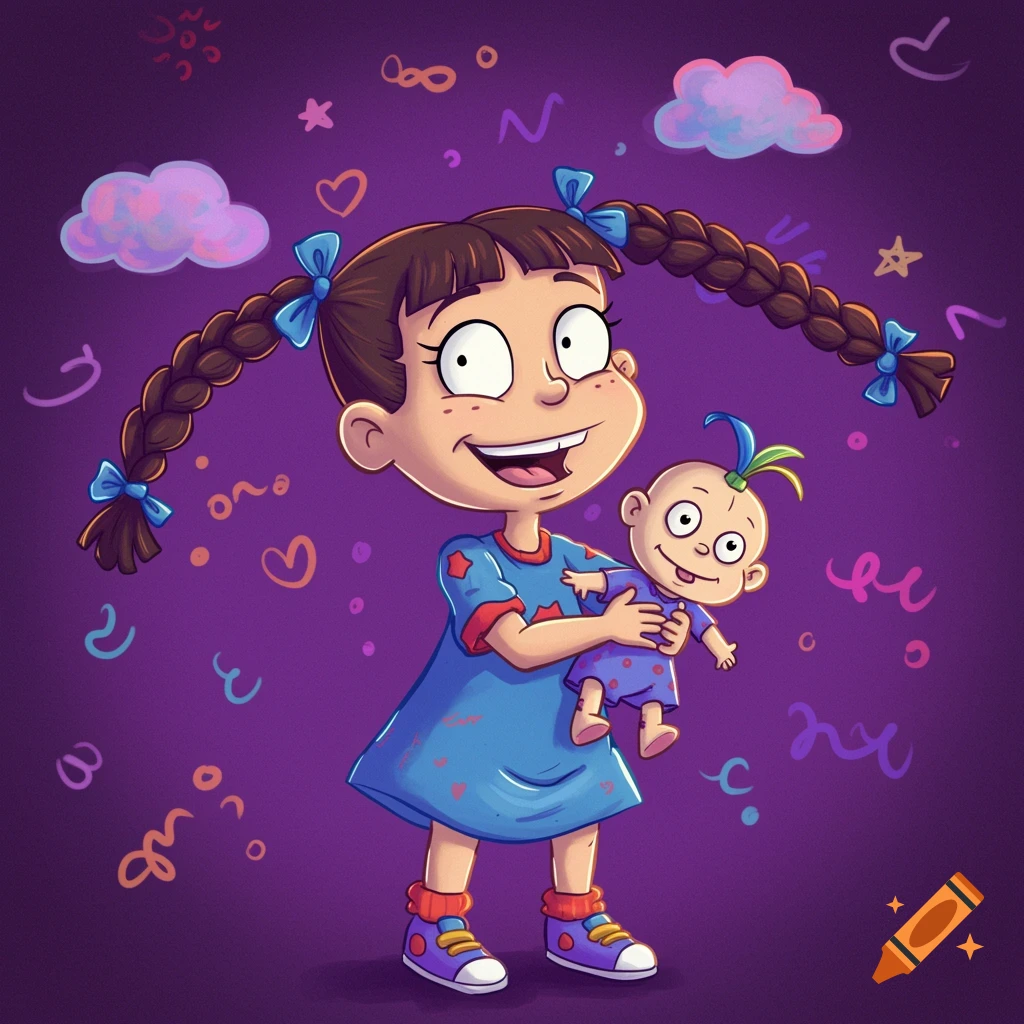 Cartoon illustration of Susie from Rugrats holding a baby on a purple background with colorful doodles and clouds.