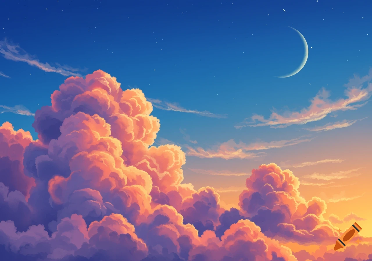 An anime-style landscape of fluffy pink and orange clouds at dusk under a blue sky with a crescent moon and stars.