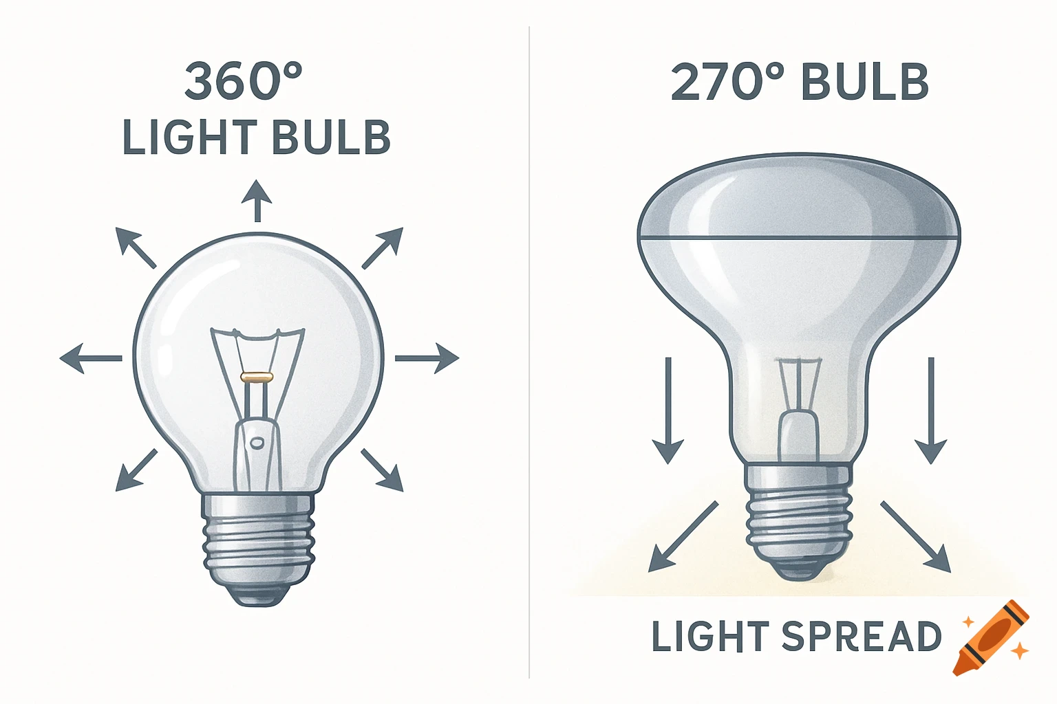 Infographic comparing 360-degree and 270-degree light bulbs with arrows showing their light spread.