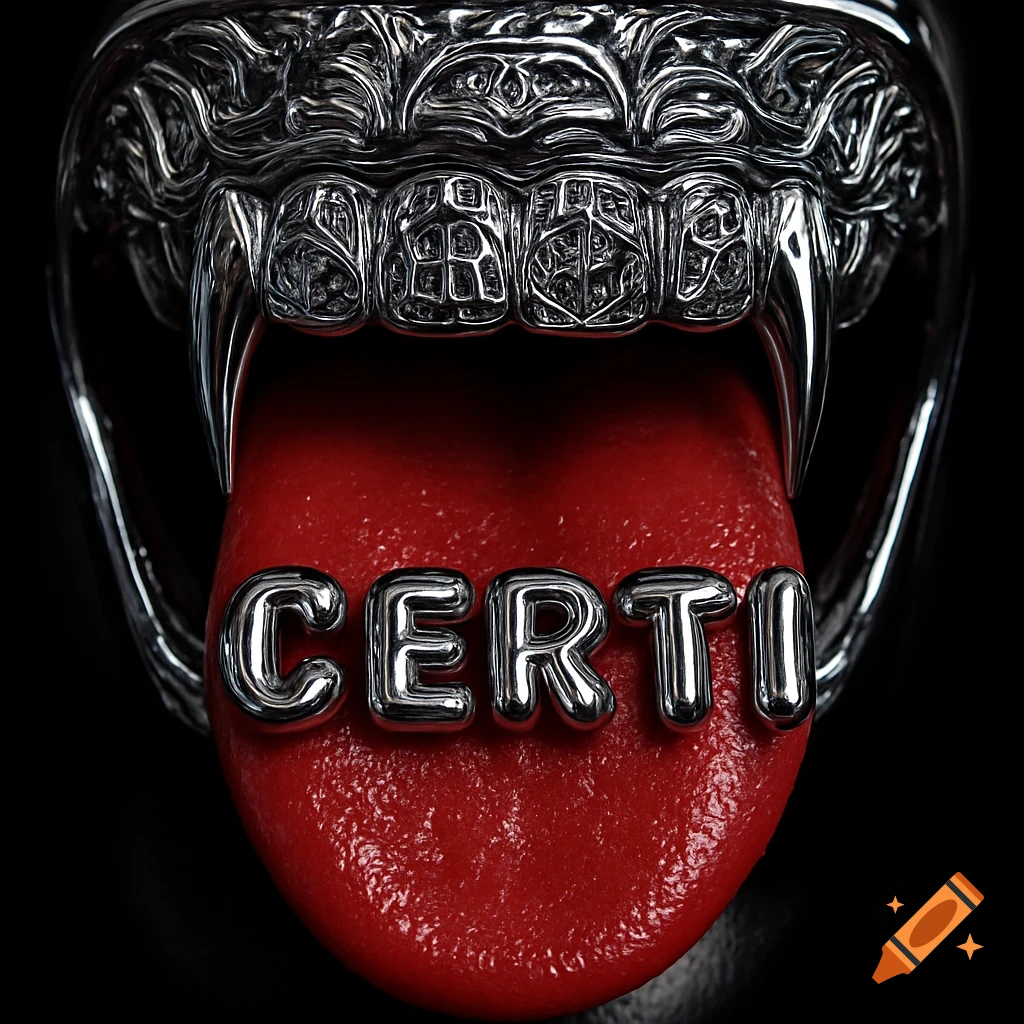Close-up of a mouth with glossy metallic fangs and chrome grill, a red tongue sticking out with chrome letters spelling 'CERTI'.