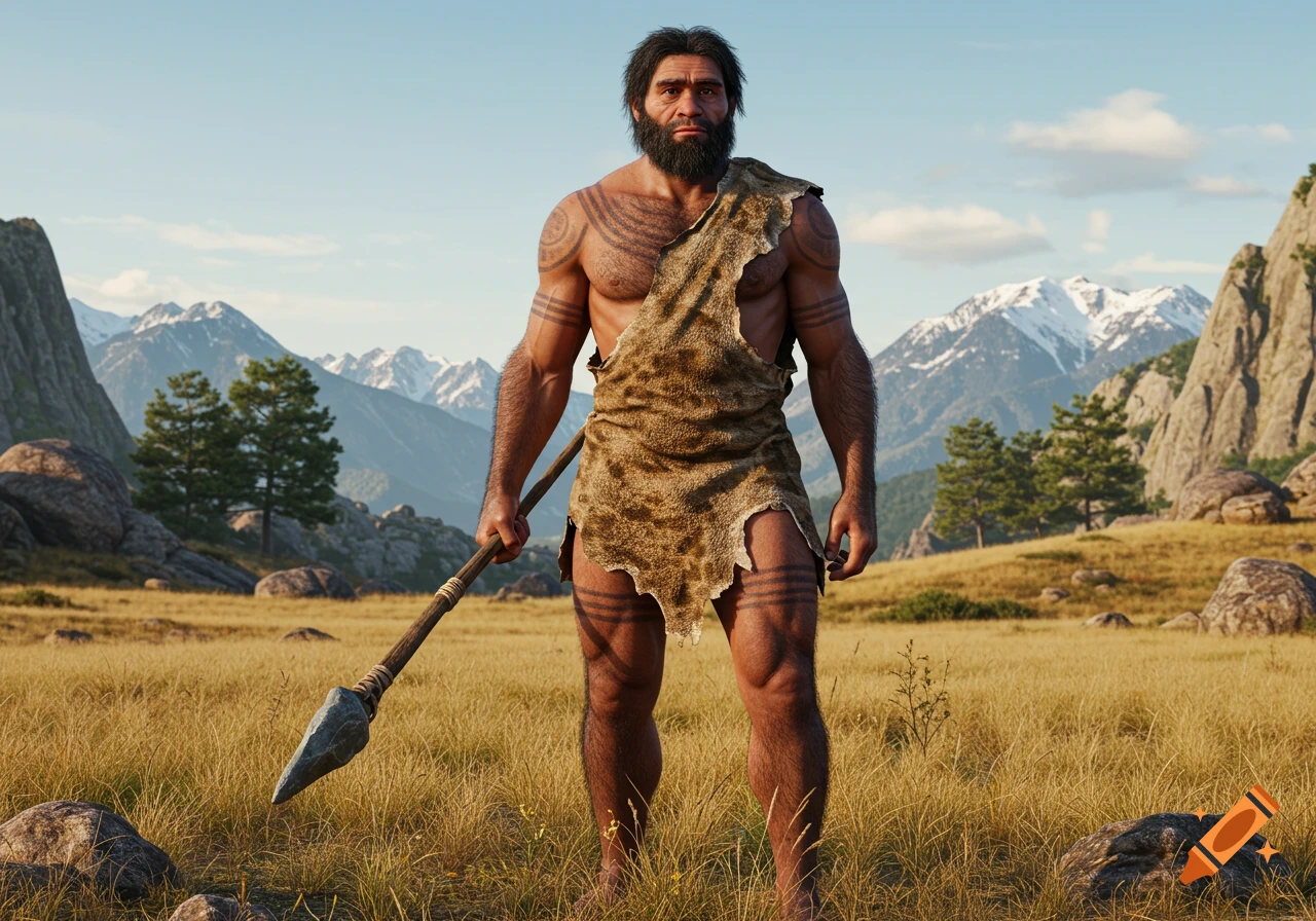 Photorealistic depiction of a strong prehistoric man with tattoos, wearing an animal hide, holding a spear in a grassy mountain landscape.