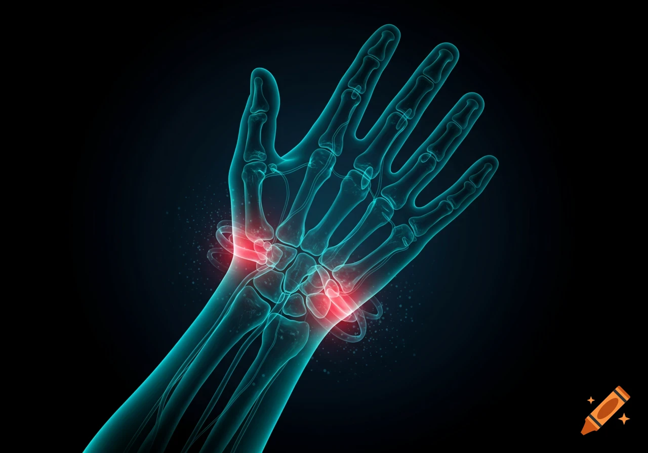 X-ray style illustration of a human hand and wrist showing bones with red inflamed areas, against a dark background.