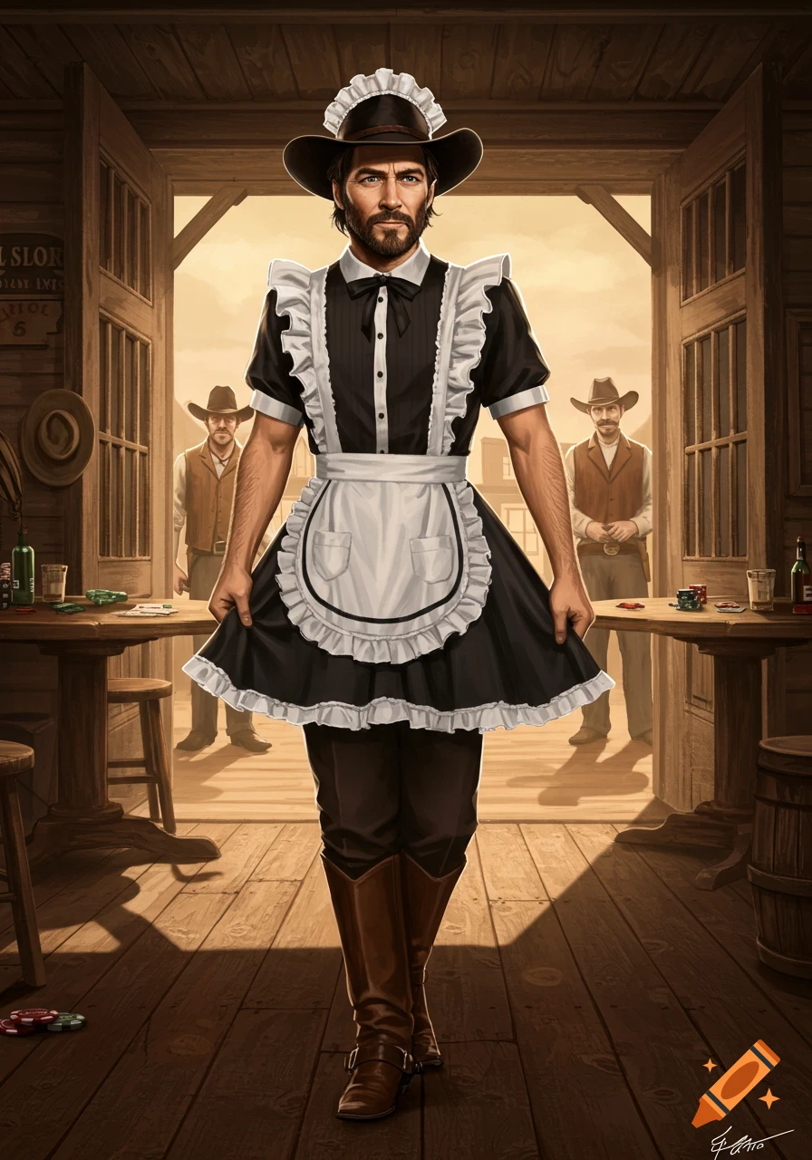 A man resembling Arthur Morgan in a black and white maid dress with a cowboy hat stands in a saloon, watched by two cowboys.
