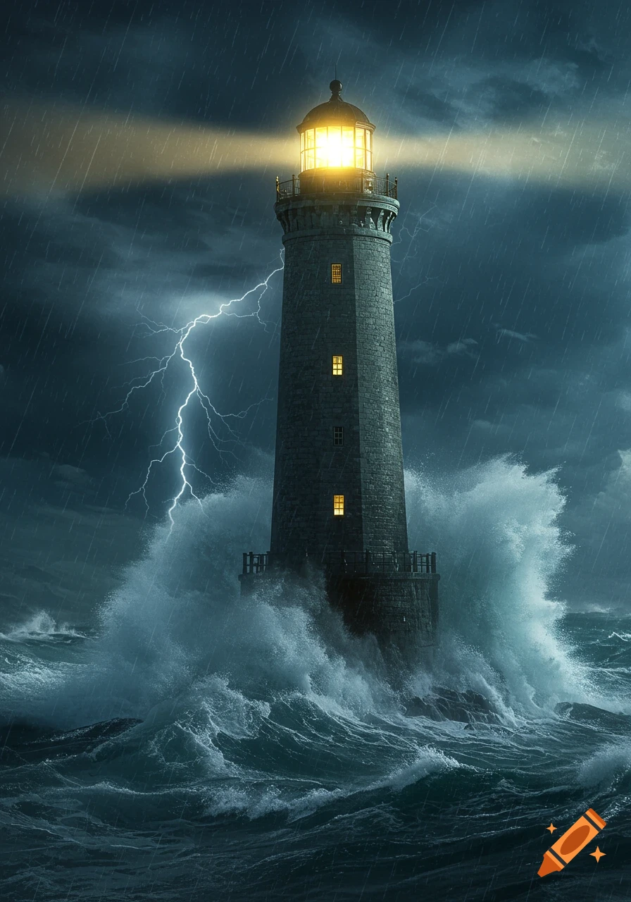 A tall stone lighthouse stands resolute in a severe storm, its light piercing through heavy rain and a bolt of lightning as huge waves crash.