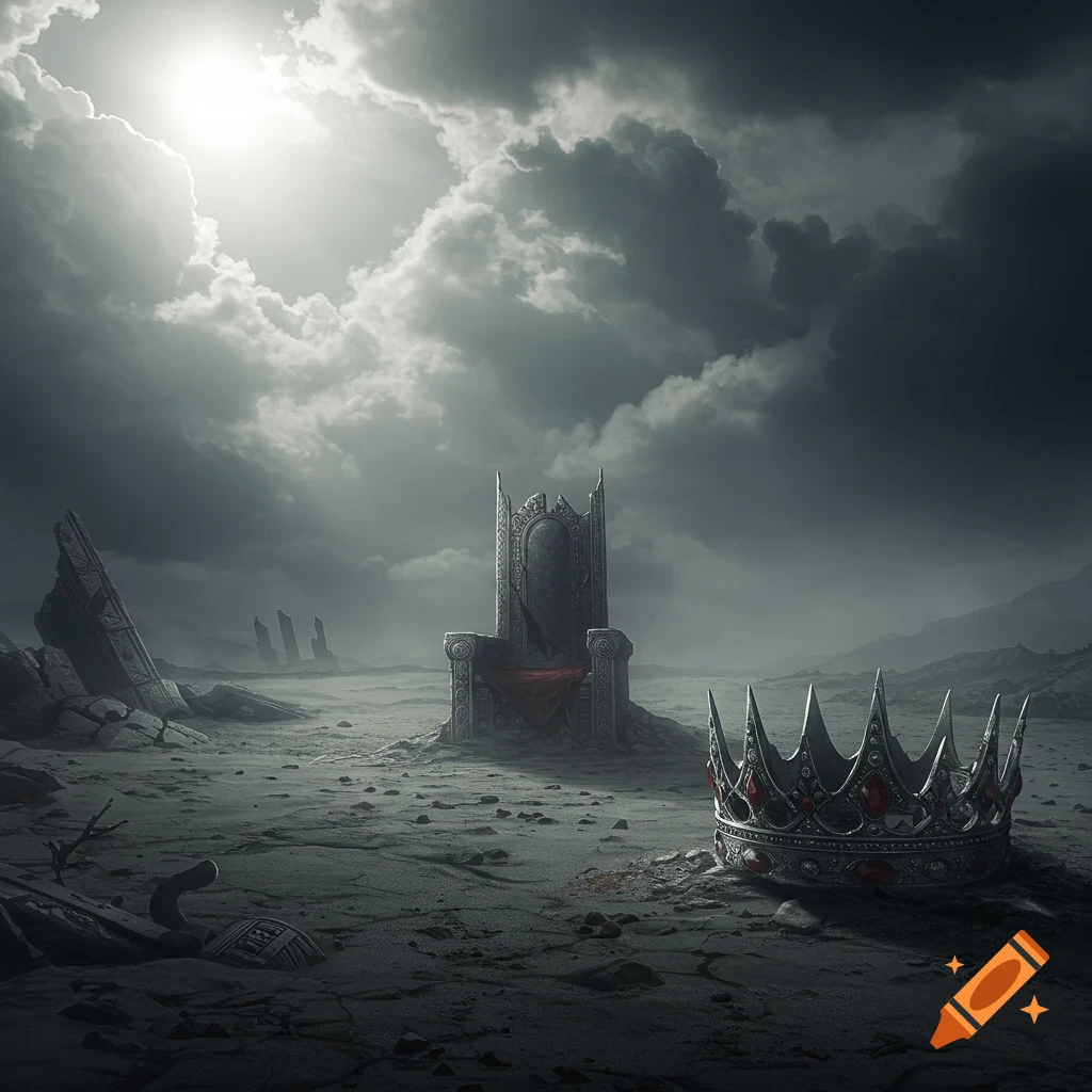 A desolate landscape under a cloudy sky, featuring a broken stone throne and a crown on the sandy ground.