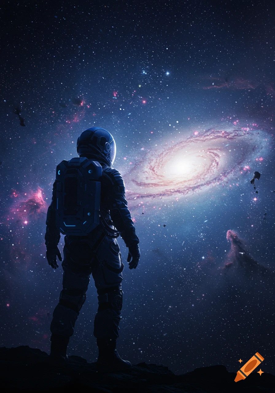 An astronaut in a dark suit stands on a rocky surface, gazing at a luminous spiral galaxy and starry sky in deep space.