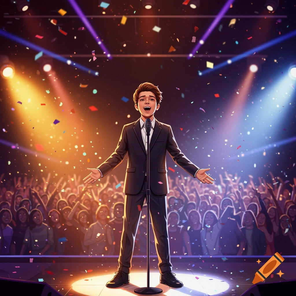An illustrative image of a young boy singing into a microphone on a stage with confetti, spotlights, and a cheering crowd.