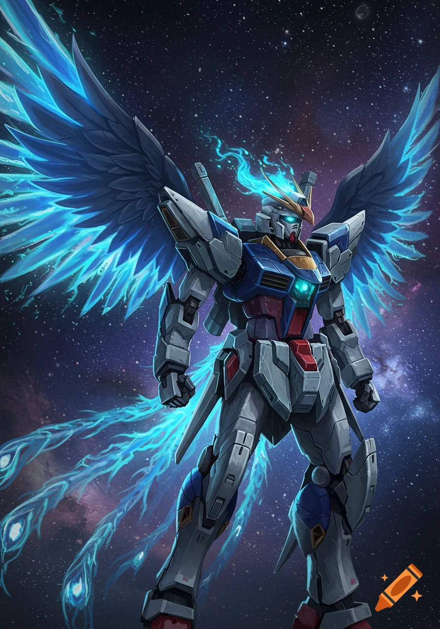 A detailed illustration of a Gundam-style mecha with large, glowing blue phoenix wings and a fiery head crest, standing in space against a starry background.