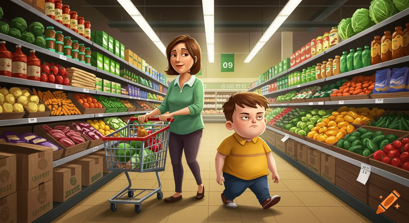 A mother pushes a shopping cart with a sulking boy walking beside her in a brightly lit grocery store aisle filled with produce, in a colorful illustration style.